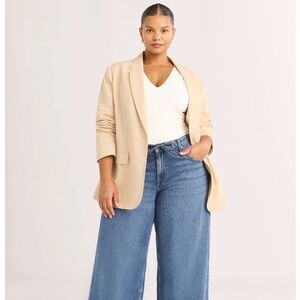 Stylish Scoop One Button Linen Blazer Sz L Tan/ khaki